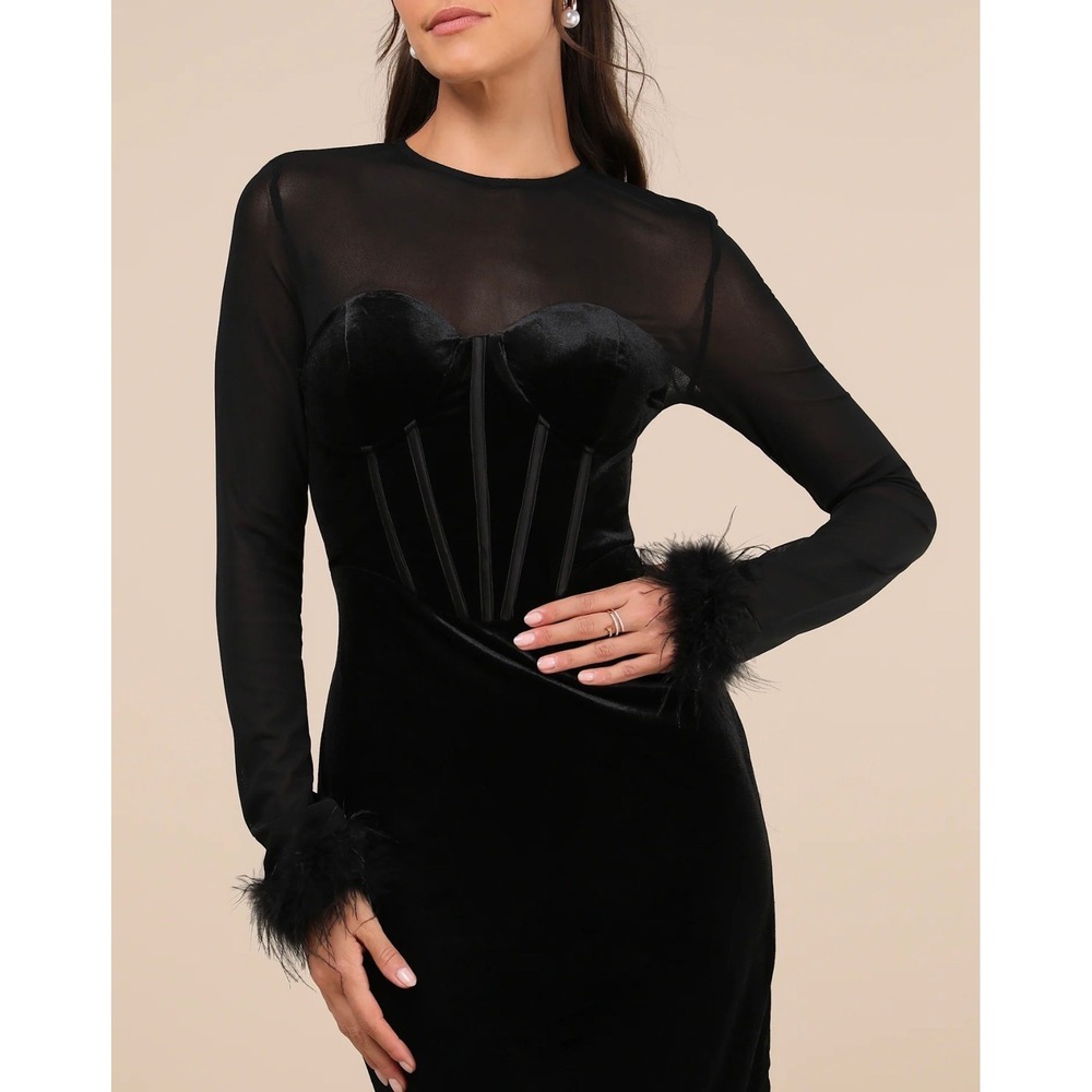 Lulus Sensational Situation Black Velvet Feather Bustier Dress Corset M 2684